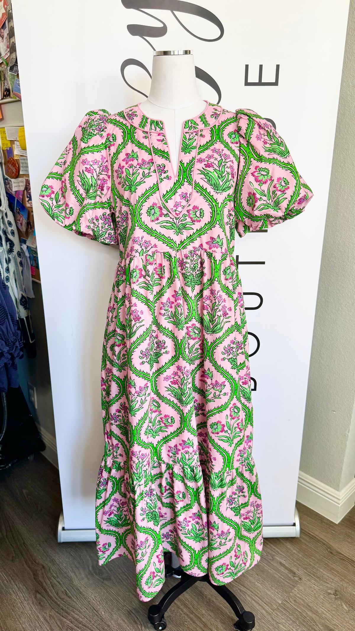 Albie Green and Pink Floral Entro Dress Mannequin