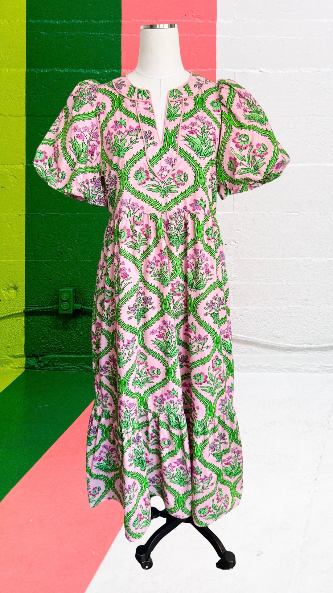 Albie Green and Pink Floral Entro Dress Mannequin 2