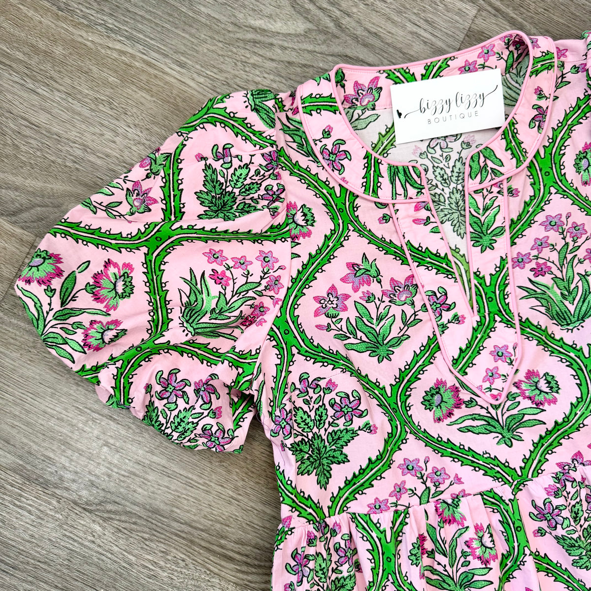 Albie Green and Pink Floral Entro Dress Sleeve Close Up