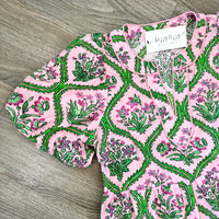 Albie Green and Pink Floral Entro Dress Sleeve Close Up