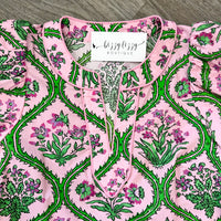 Albie Green and Pink Floral Entro Dress V Neck Close Up