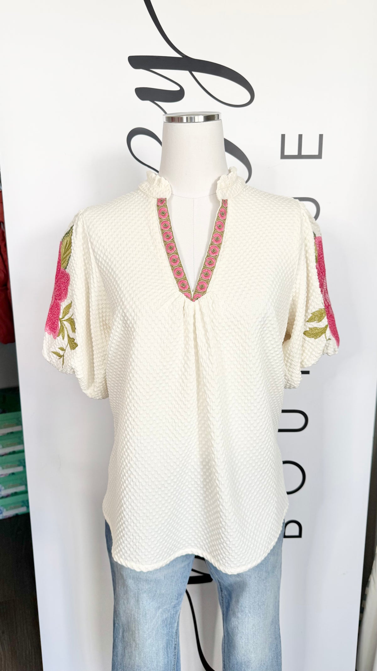 Bailey Umgee Embroidered Cream Top Mannequin