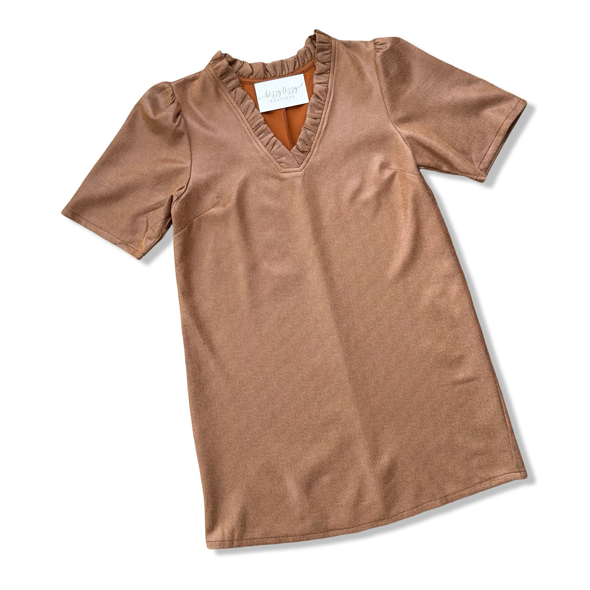 A short-sleeve V-neck top in a warm brownish-beige color, featuring ruffled trim along the neckline and a white brand label inside the collar, displayed on a clean white background.