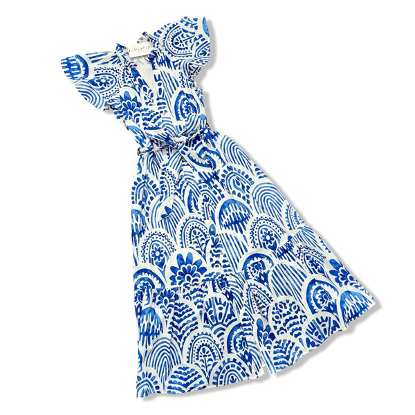 Blue and white patterned dress on a white background