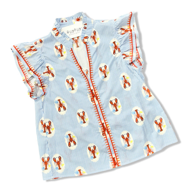 Blue and White Stripe Lobster Print Top THML