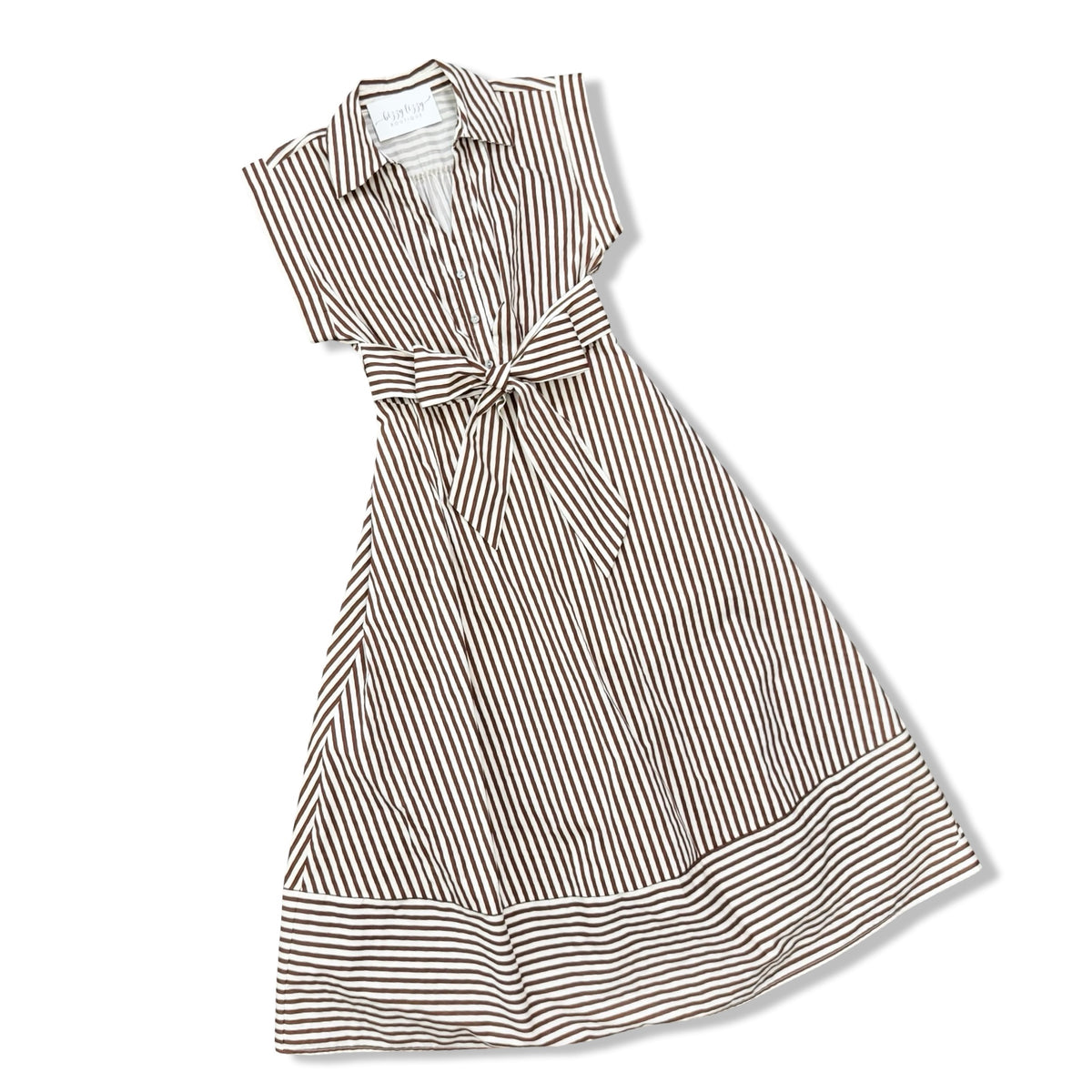 A sleeveless collared dress with vertical brown and white stripes, featuring a tie waist and a flared skirt, shown on a plain white background.