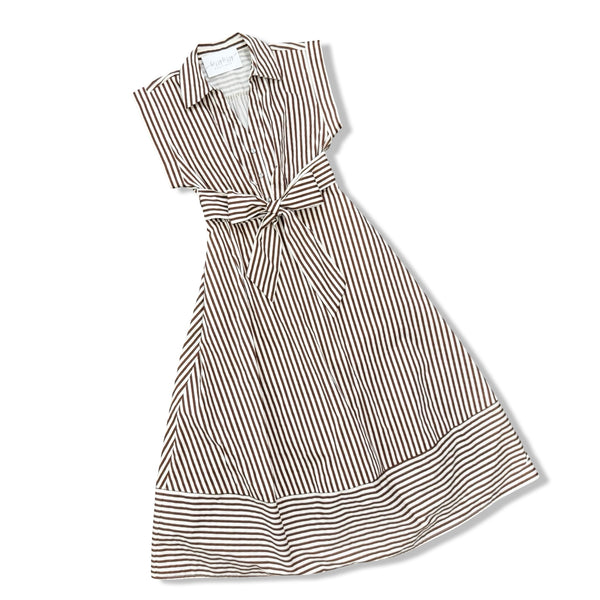 A sleeveless collared dress with vertical brown and white stripes, featuring a tie waist and a flared skirt, shown on a plain white background.