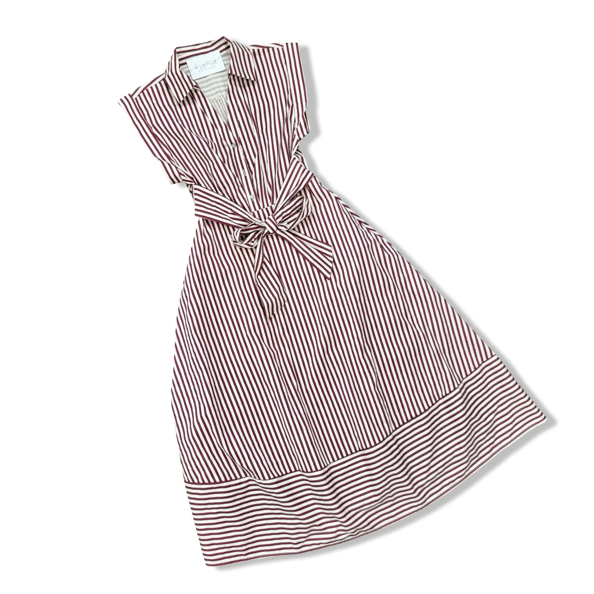 A sleeveless collared dress with vertical red and white stripes, featuring a tie waist belt and a wide striped hem, shown on a plain white background.