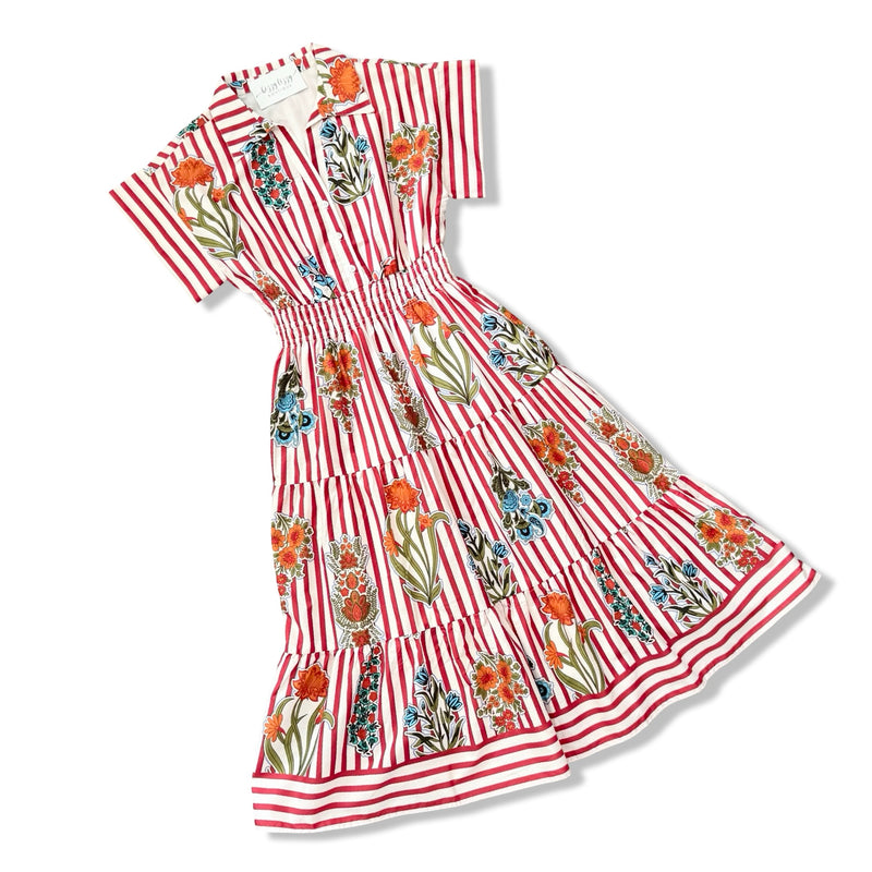 Red and white striped dress with floral patterns on a white background