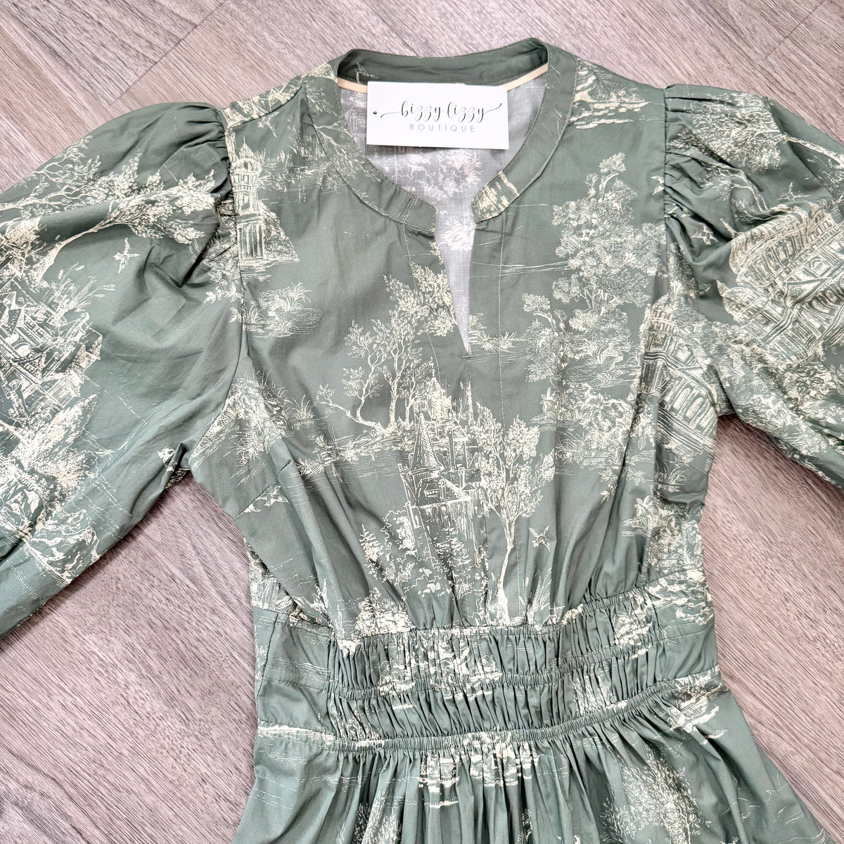 Catherine Sage Green Dress Umgee Close Up