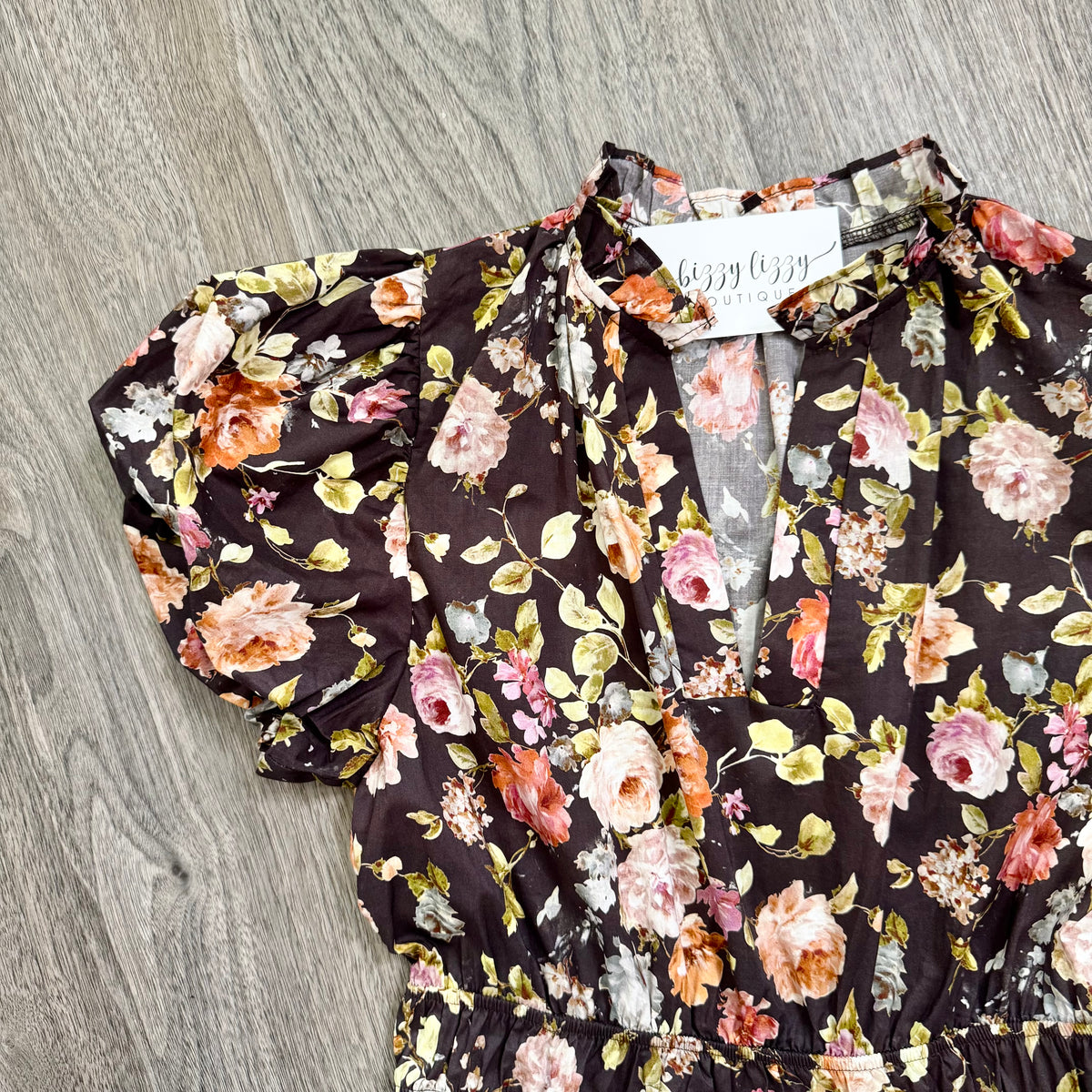 Chocolate Brown Floral Cowgirl Dress Entro Close Up