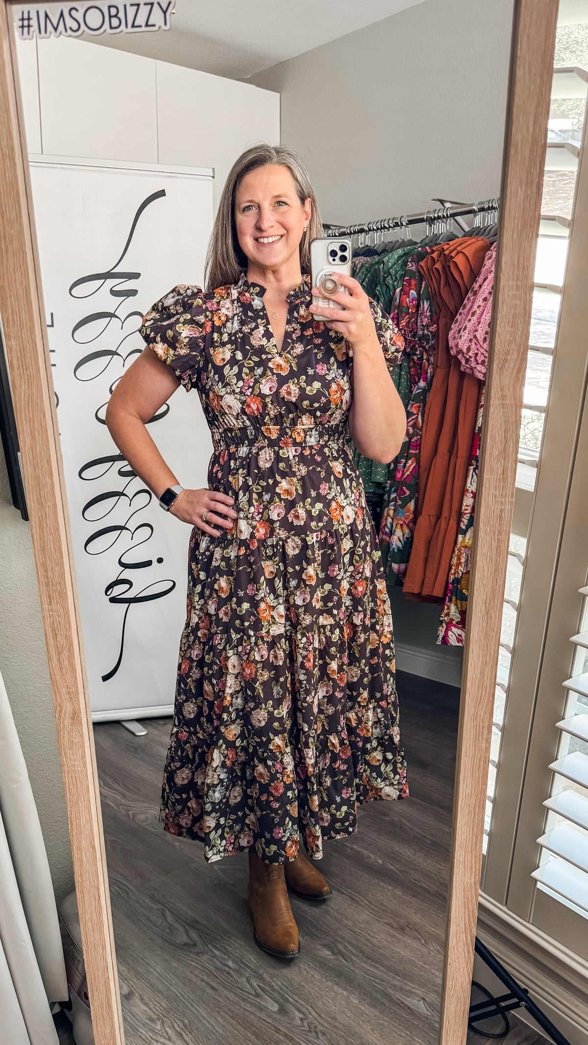 Chocolate Brown Floral Cowgirl Dress Entro Model