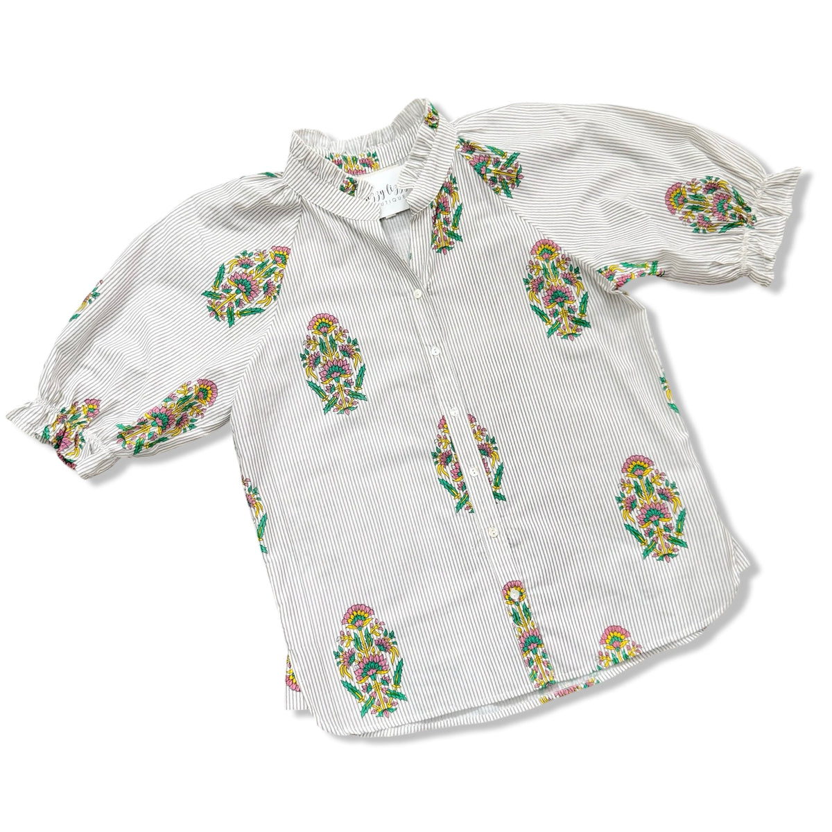 Beige and White Strip Layerz Clothing Top with Floral Medallion Print