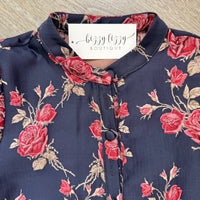 Dana Navy and Red Floral Jacquard Dress Entro Collar
