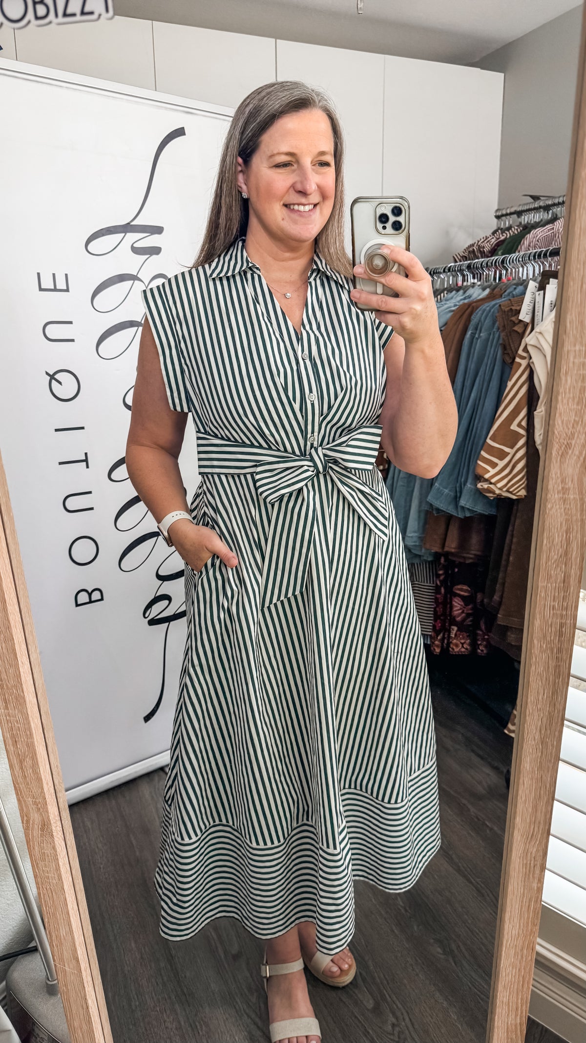 ENTRO Spirit Dress in Hunter Green Midi Striped Model photo 