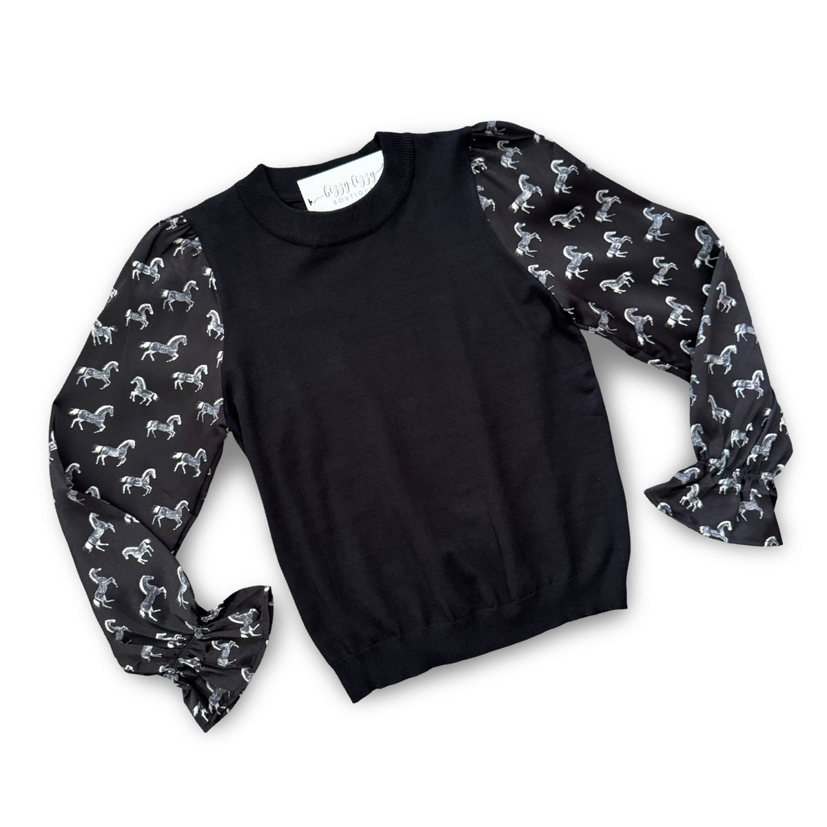 Elliott THML Black Sweater Horse Print Long Sleeve Top Flat lay photo