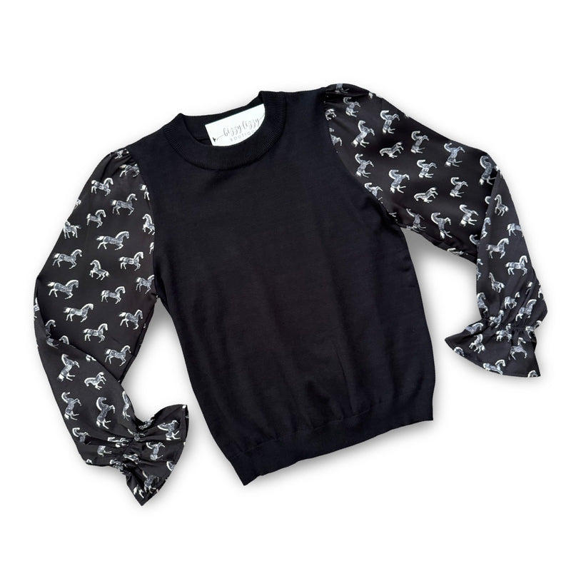 Elliott THML Black Sweater Horse Print Long Sleeve Top Flat lay photo