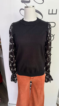 Elliott THML Black Sweater Horse Print Long Sleeve Top Mannequin with Orange Game Day Pants