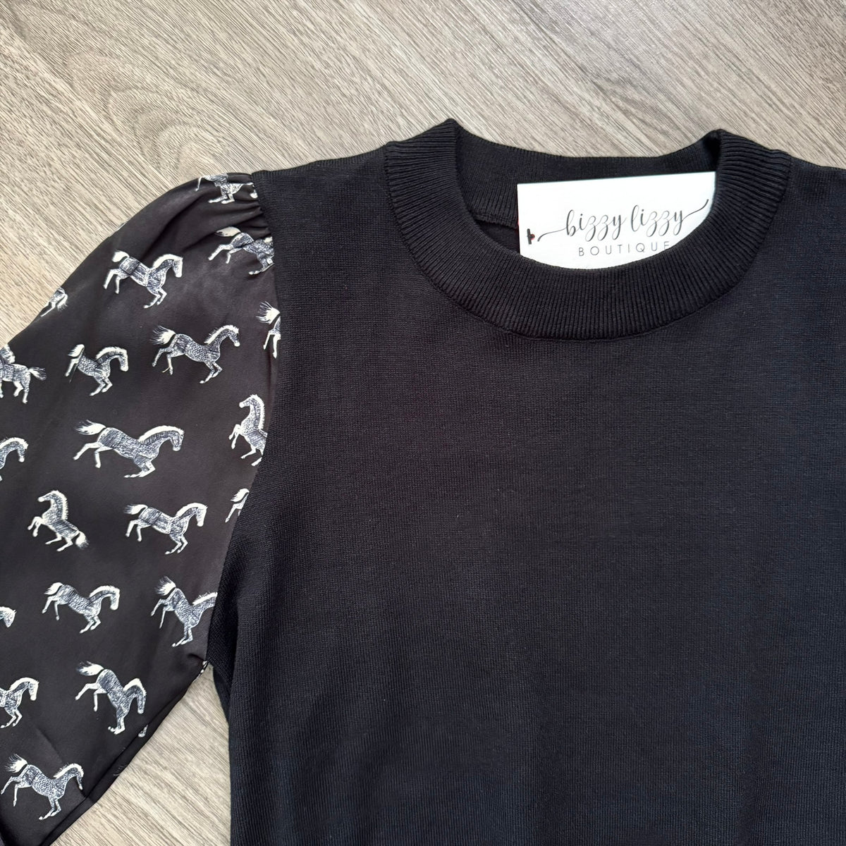 Elliott THML Black Sweater Horse Print Long Sleeve Top Sleeve Close Up of Horse Print