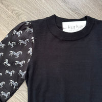 Elliott THML Black Sweater Horse Print Long Sleeve Top Sleeve Close Up of Horse Print