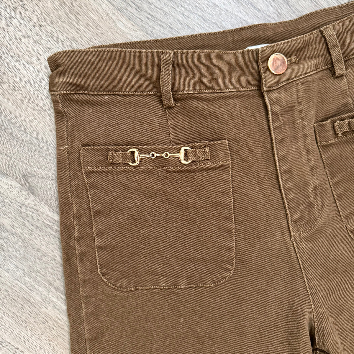 Entro Brown Wide Leg Pant with Horse Bit Accent Stockyard Front Pocket Detail Photo