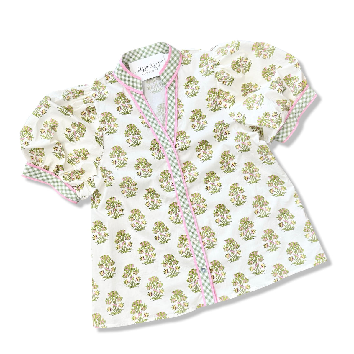Entro Light Pink and Green Floral Button Down Top