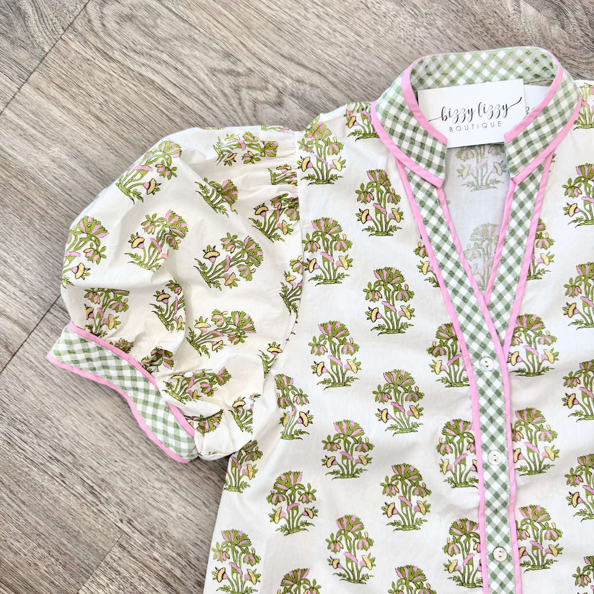 Entro Light Pink and Green Floral Button Down Top Puff Sleeve with Fixed Cuff