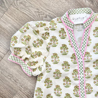 Entro Light Pink and Green Floral Button Down Top Puff Sleeve with Fixed Cuff