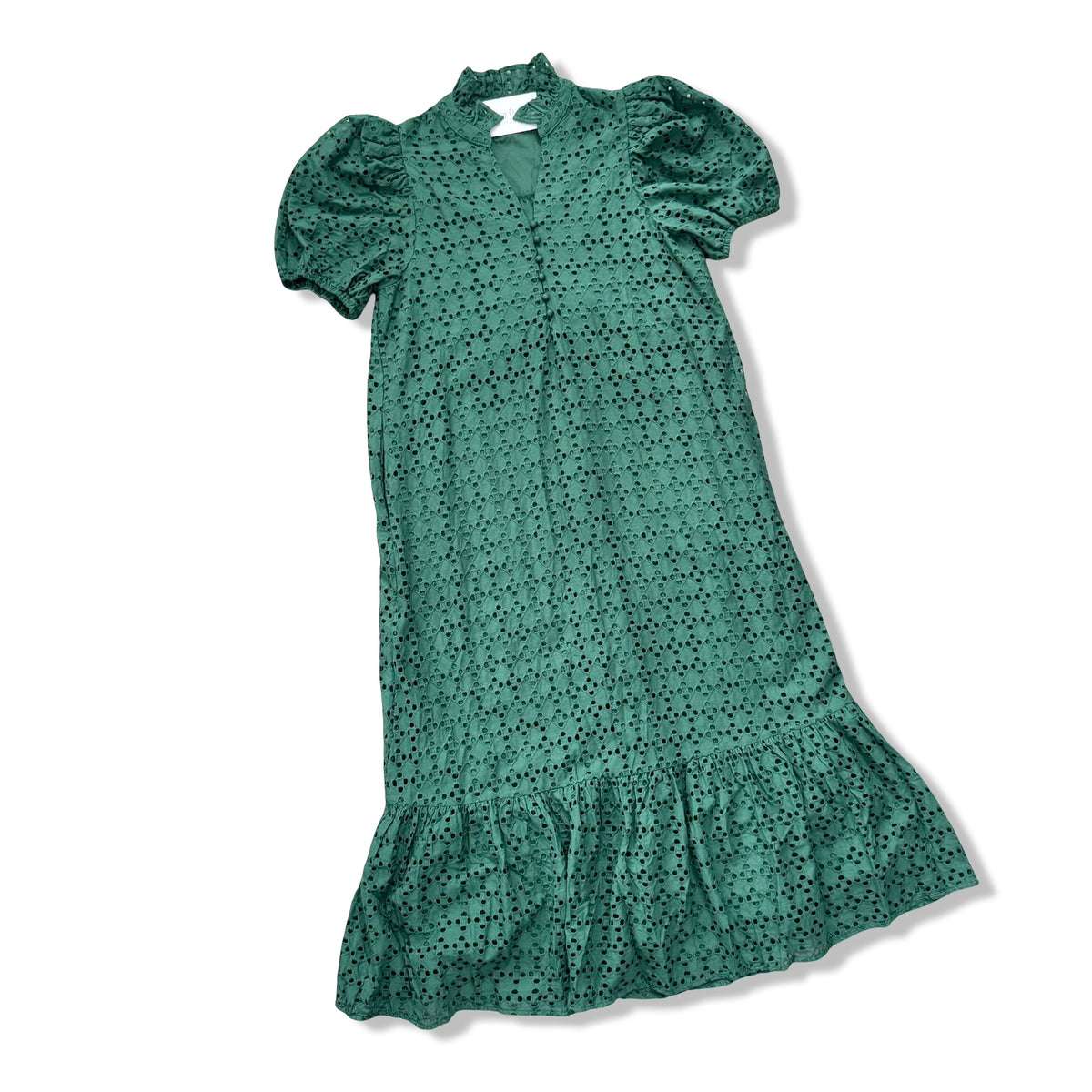 A green short-sleeve eyelet dress with puff sleeves and a ruffled hem, shown flat against a white background.