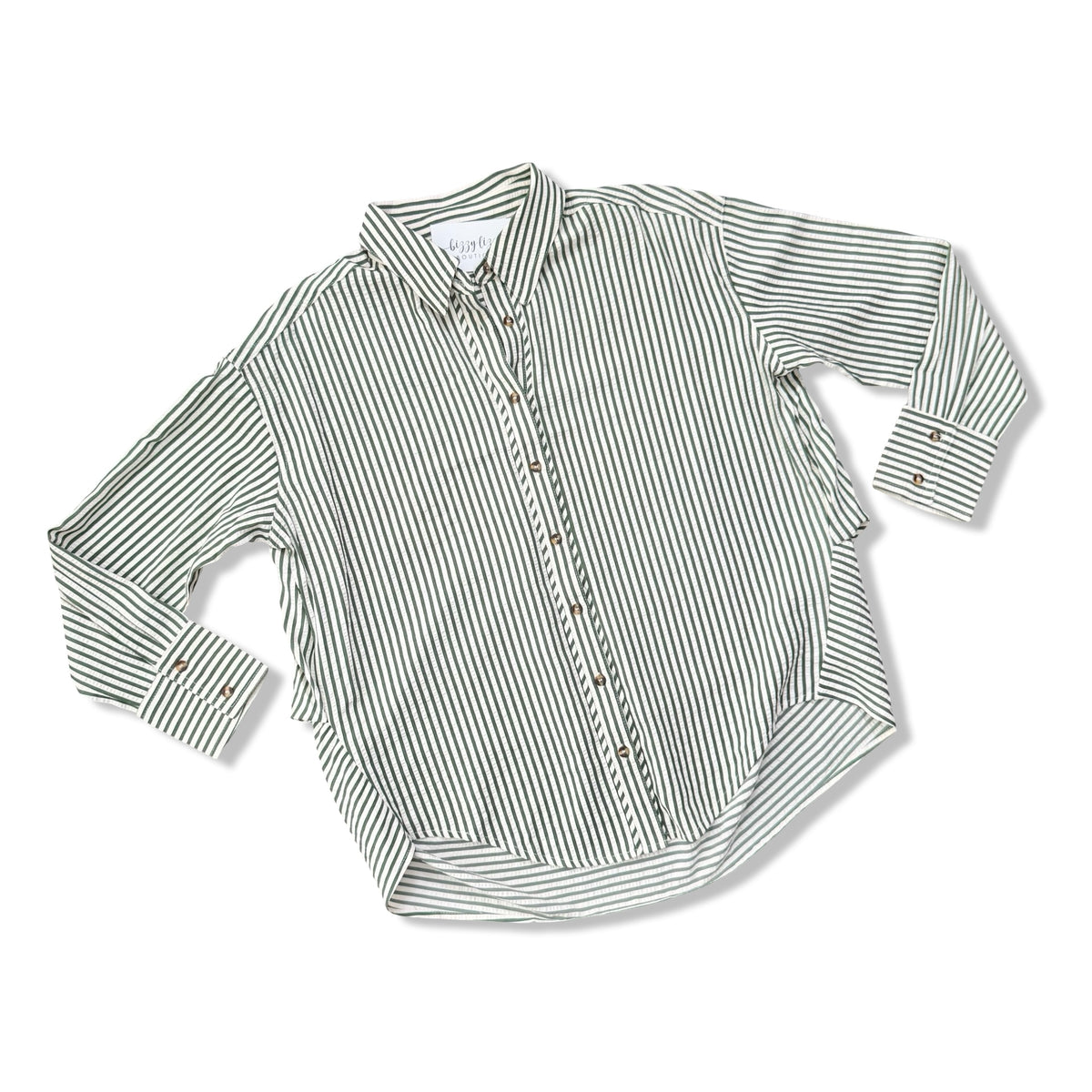 A long-sleeve button-up shirt with thin vertical stripes in olive green and white, laid flat on a white background.