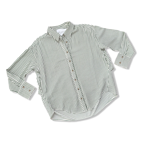A long-sleeve button-up shirt with thin vertical stripes in olive green and white, laid flat on a white background.