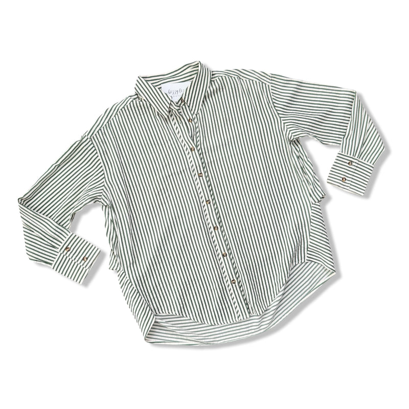 A long-sleeve button-up shirt with thin vertical stripes in olive green and white, laid flat on a white background.