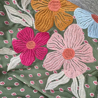 Close-up of embroidered fabric with large floral motifs in pink, orange, and blue on a muted green background, plus small repeating floral prints.
