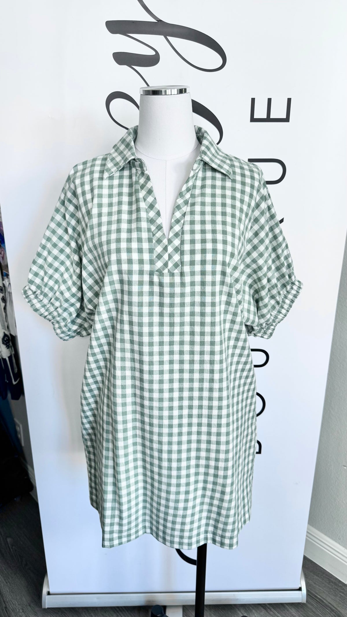 Green Sage Gingham Dress Entro Mannequin