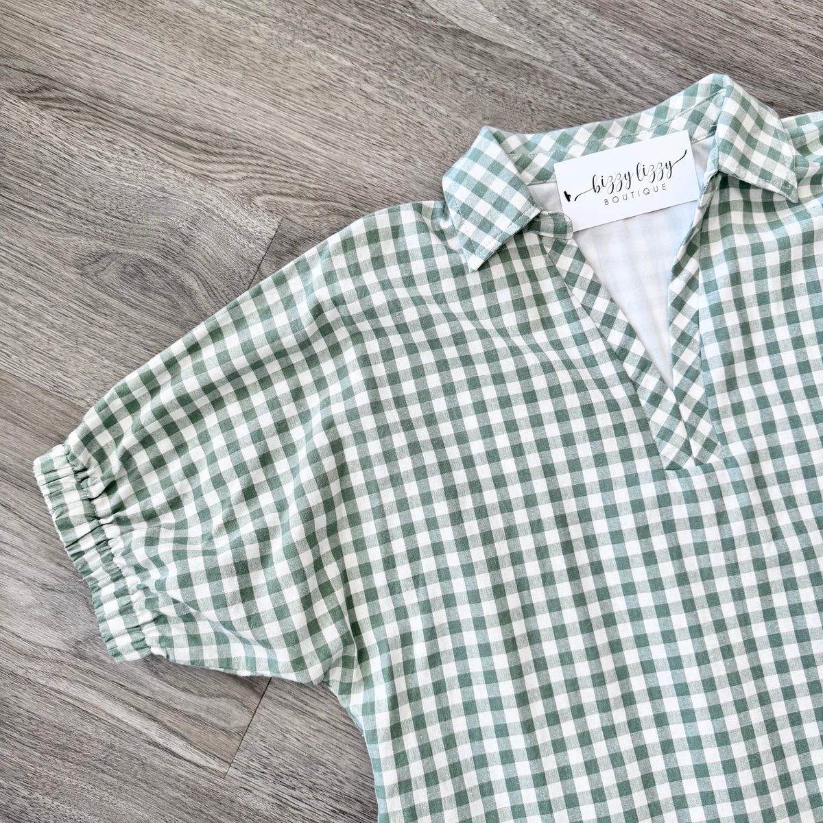 Green Sage Gingham Dress Entro Sleeve