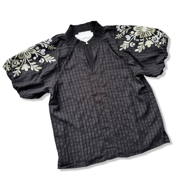 Havannah Oh My Stars Black Silver Gold Embroidered Sleeve Top Flat Lay Photo