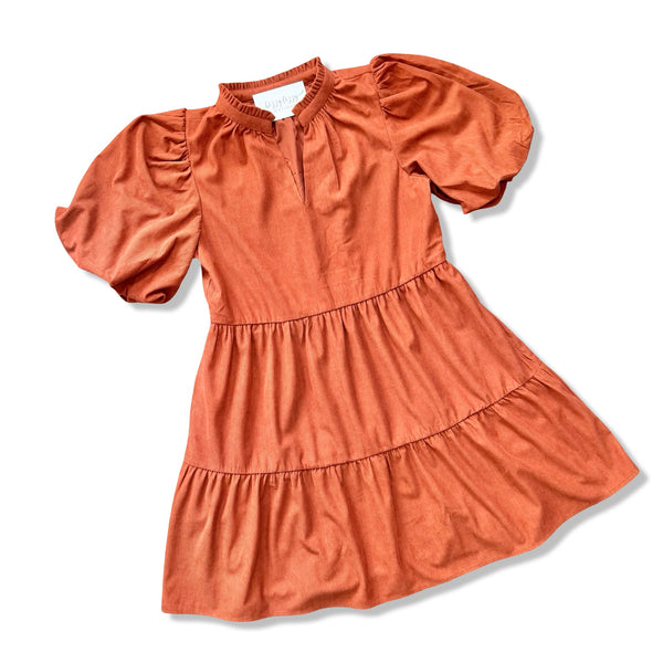 Jacey Burnt Orange Corduroy Babydoll Dress Flat Lay Photo
