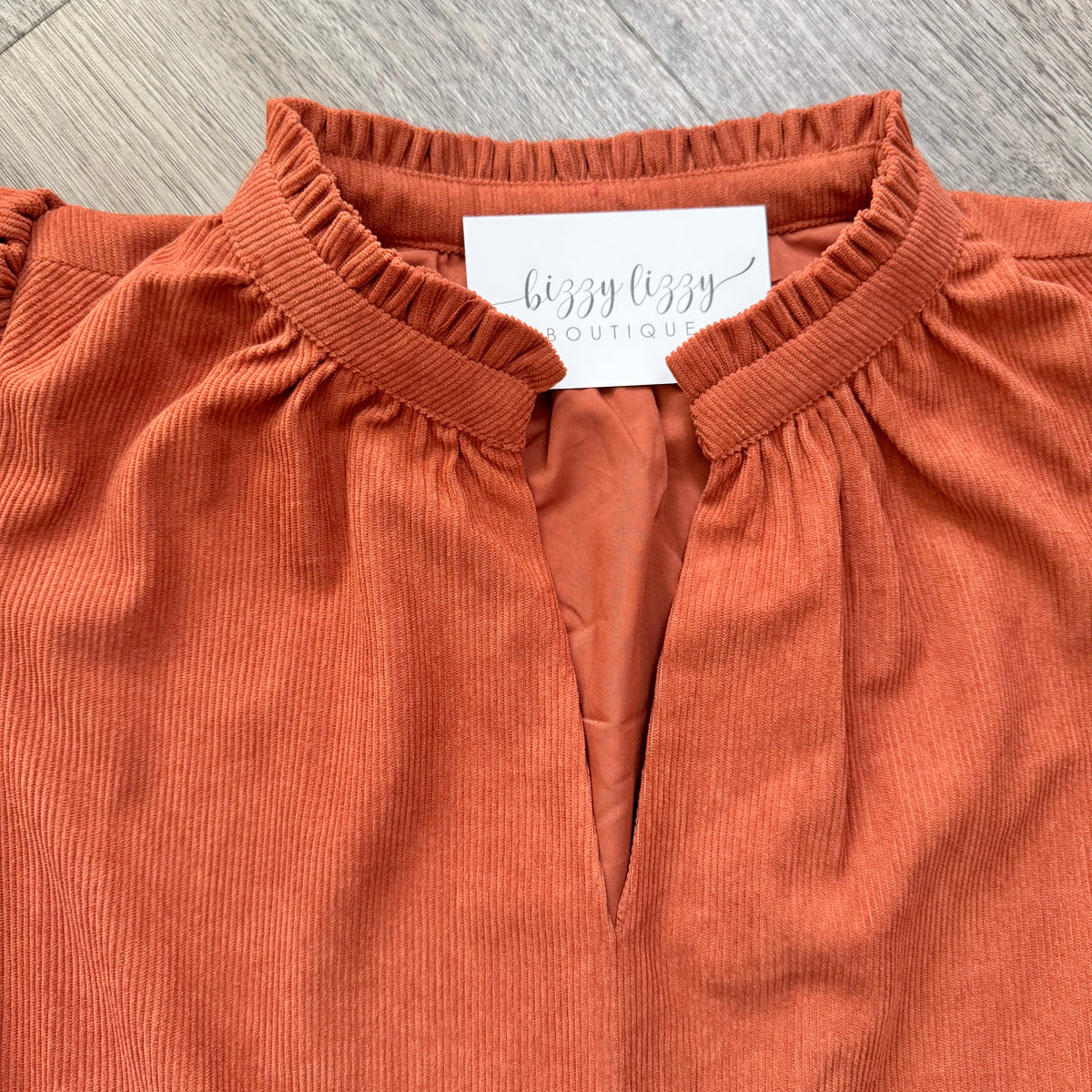 Jacey Burnt Orange Corduroy Babydoll Dress Collar Detail