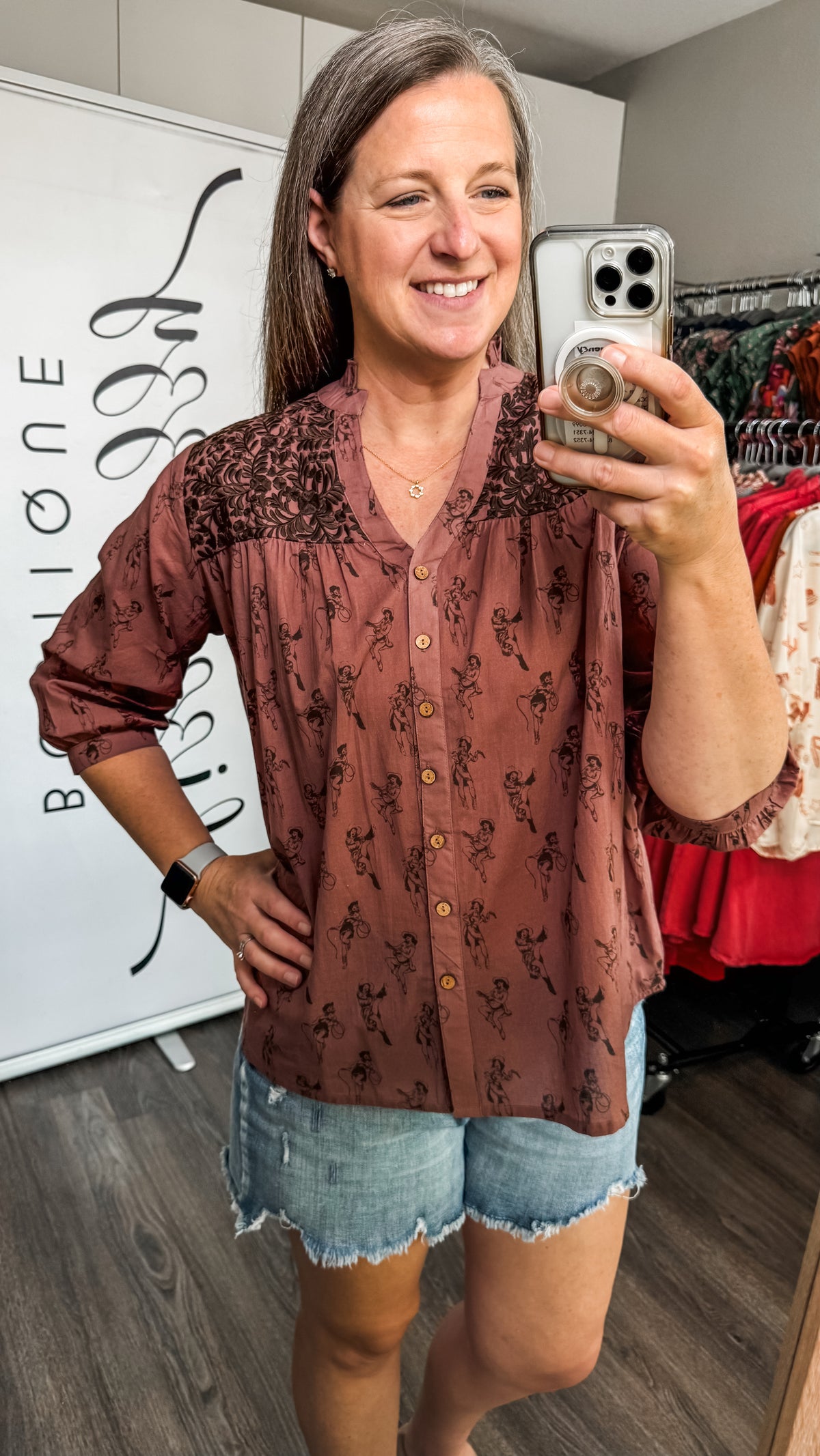 Jane Cowgirl Print Top Layerz Model