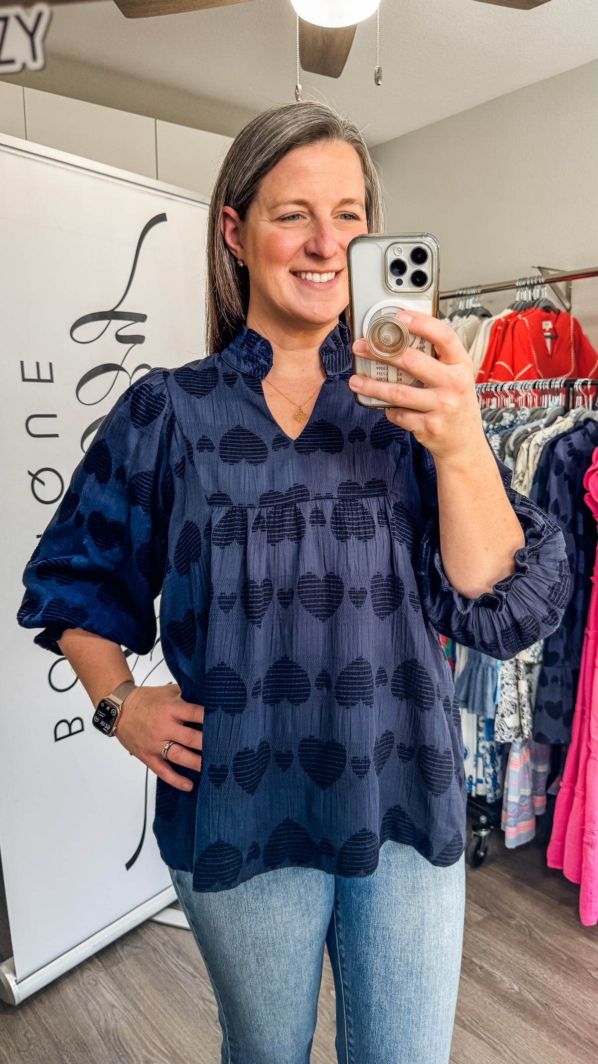 Juliet Top Umgee Navy Hearts Model 1