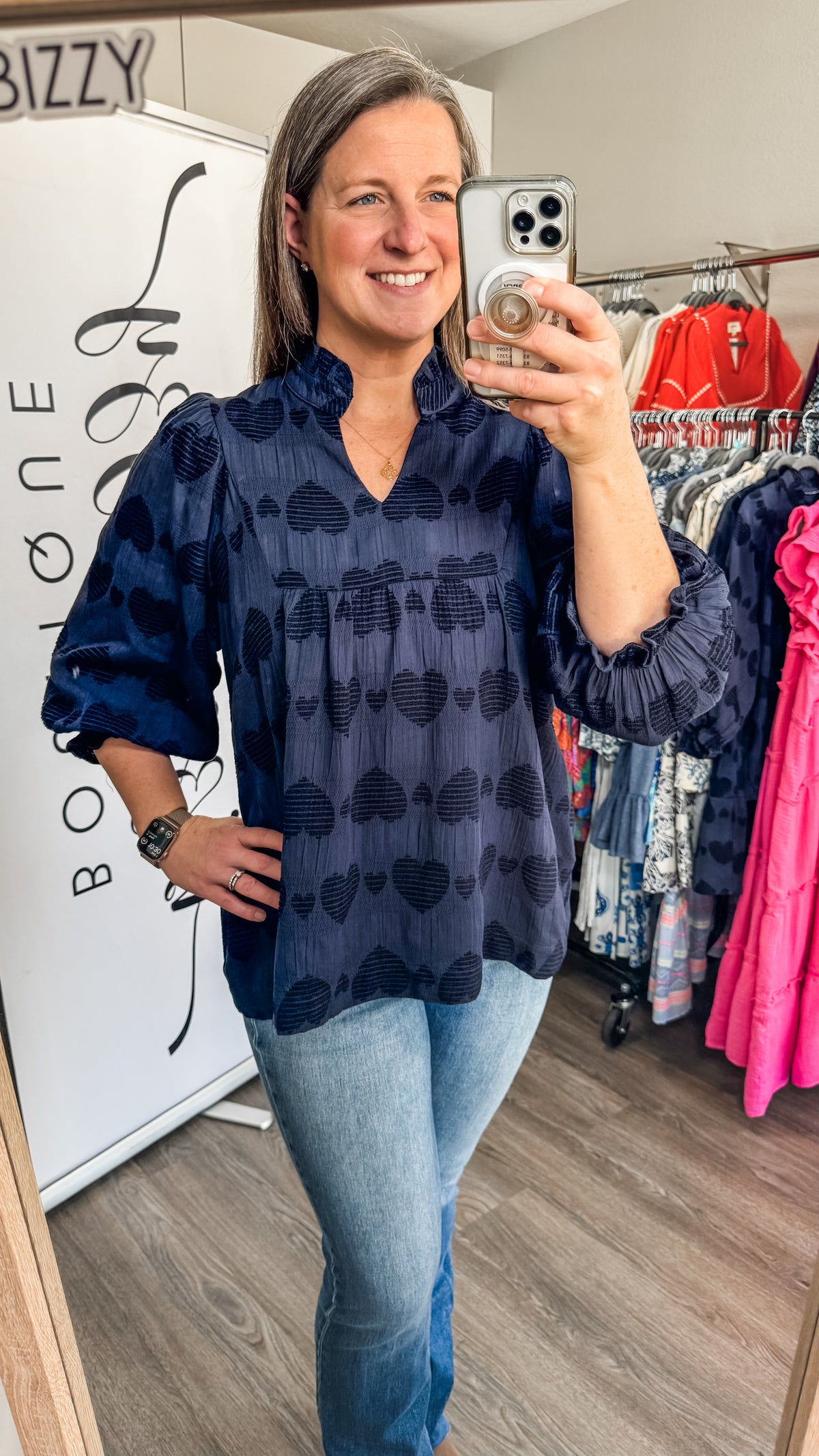 Juliet Top Umgee Navy Hearts Model 2