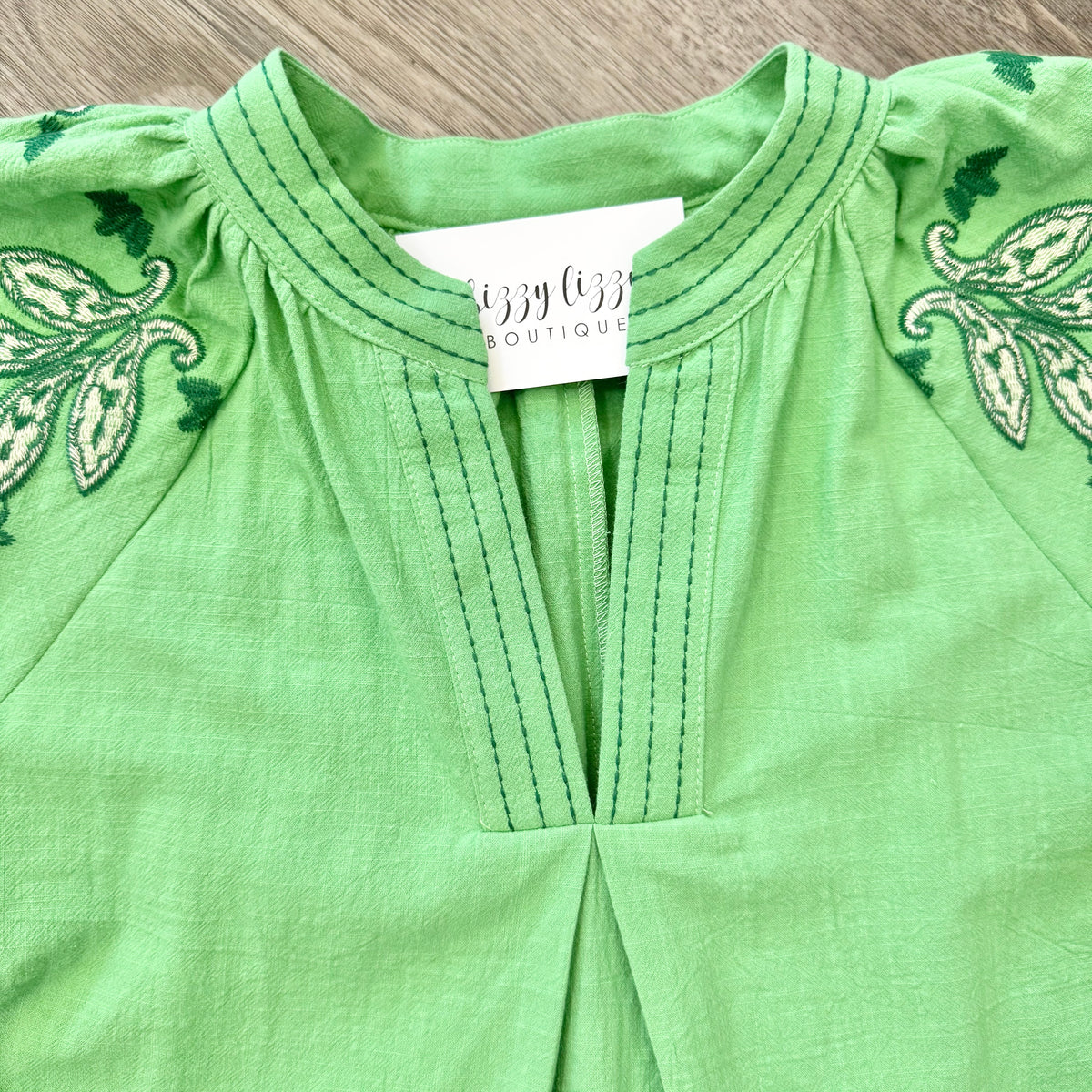 Kelly Green Umgee Embroidered Top Emerson V Neck