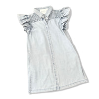 Light blue denim dress with ruffled sleeves on a white background