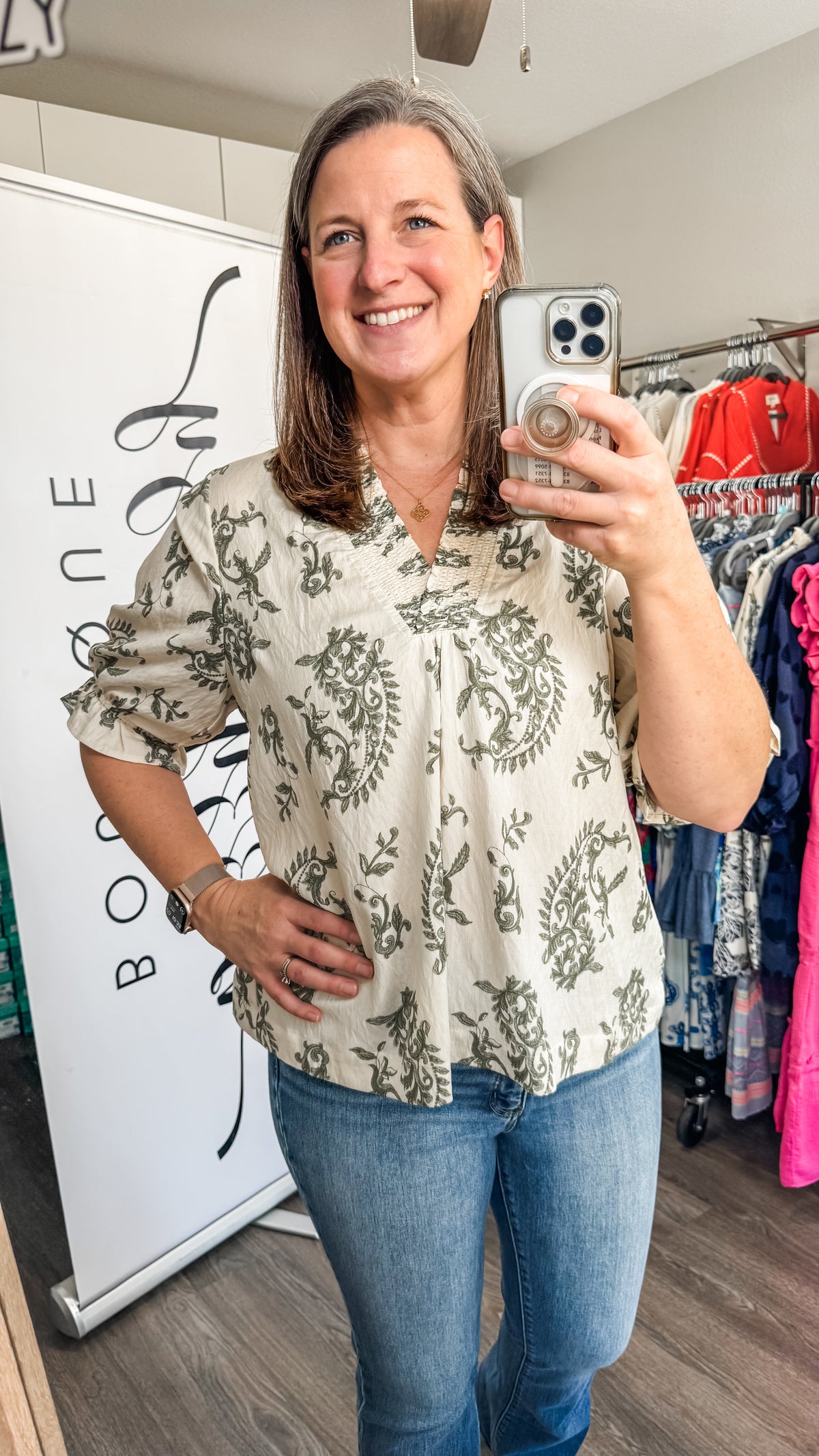 Lennon Green Umgee Print Top Model 1