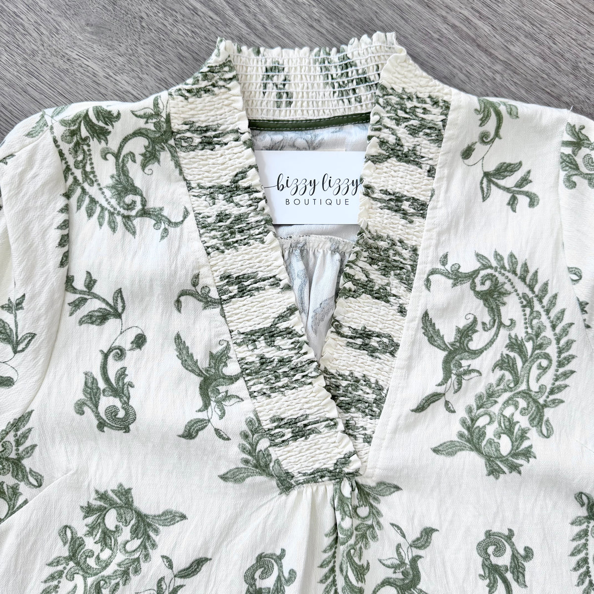 Lennon Green Umgee Print Top Neckline