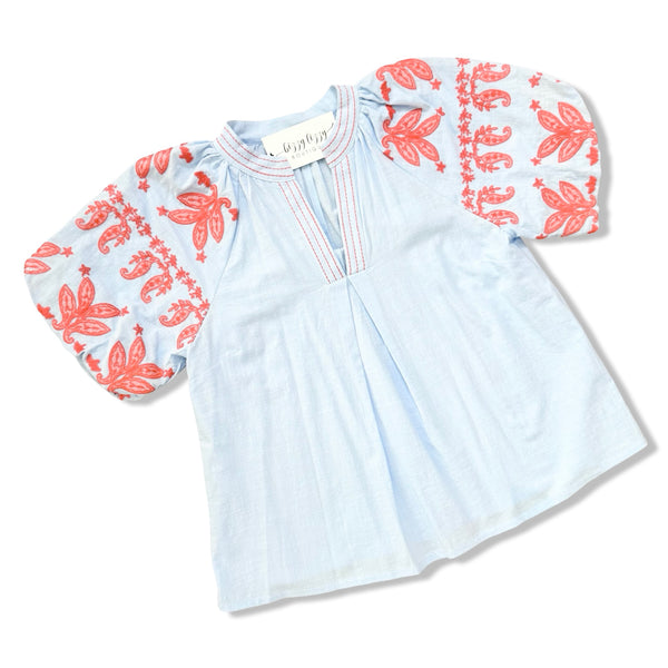 Light blue top with coral floral patterns on sleeves and neckline against a white background