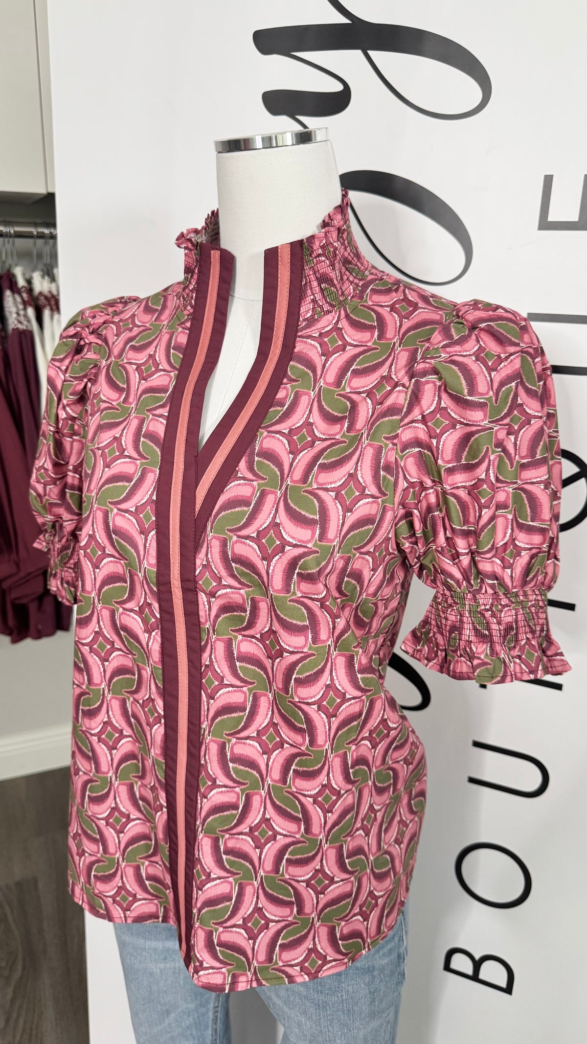 Malbec Wine and Olive Green Entro Top Puff Sleeve Mannequin 2