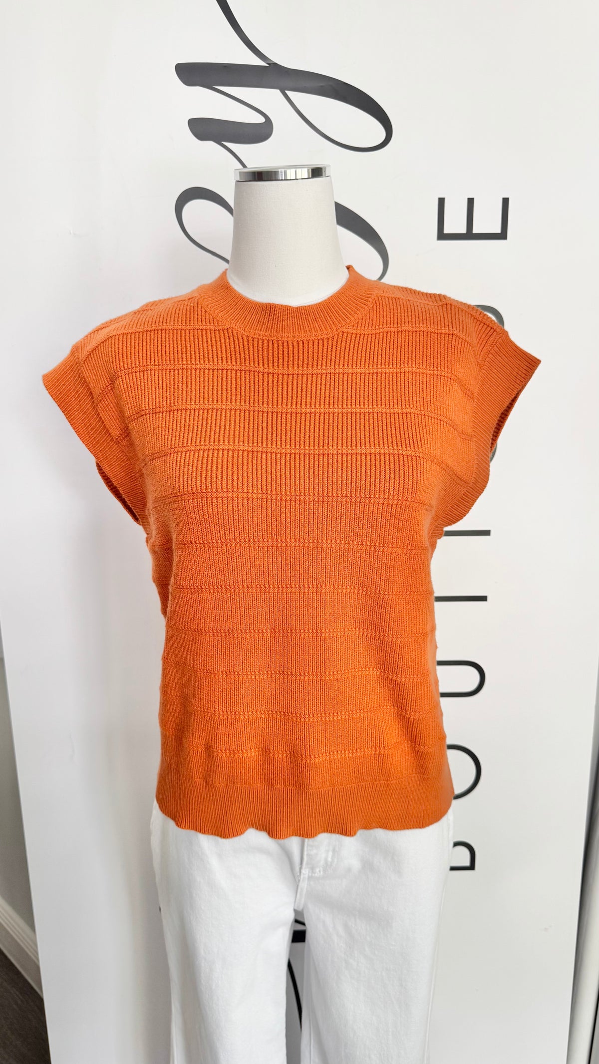 Mason THML Burnt Orange Cap Sleeve Sweater on Mannequin