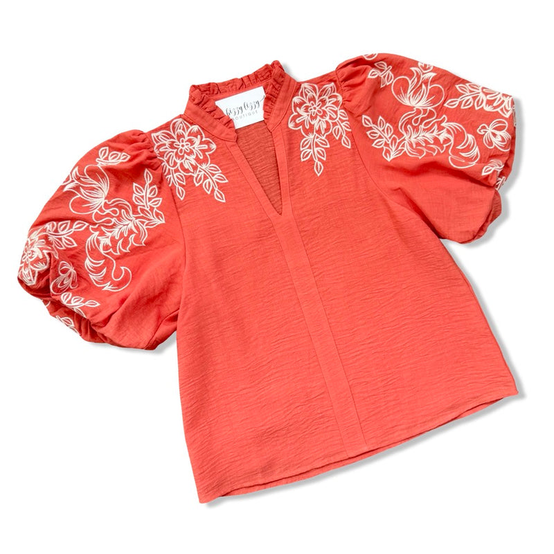 Meredith Orange Embroidered Top