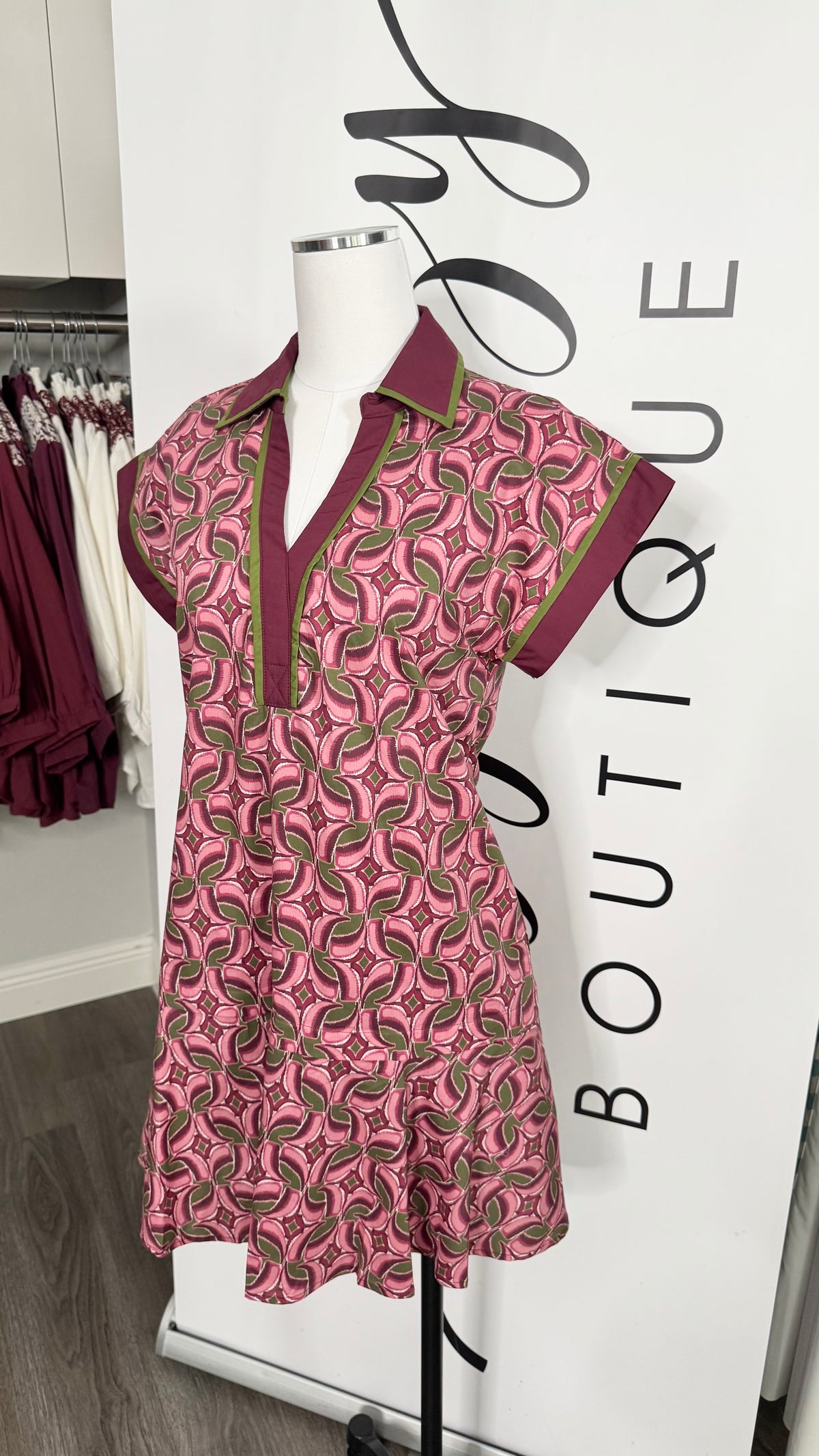 Merlot Wine and Olive Green Entro Dress Mannequin 2